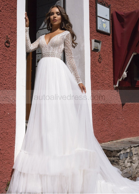 White Lace Pleated Tulle Boho Wedding Dress